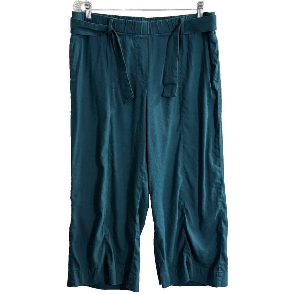 J JILL Women Linen Wide‎ Leg Stretch Elastic Waist Pants Sz L Green Resort 15-11